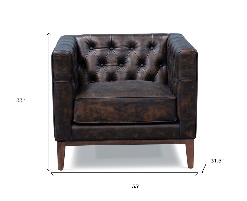33" Brown and Black Antiqued Top Grain Leather Tufted Club Chair