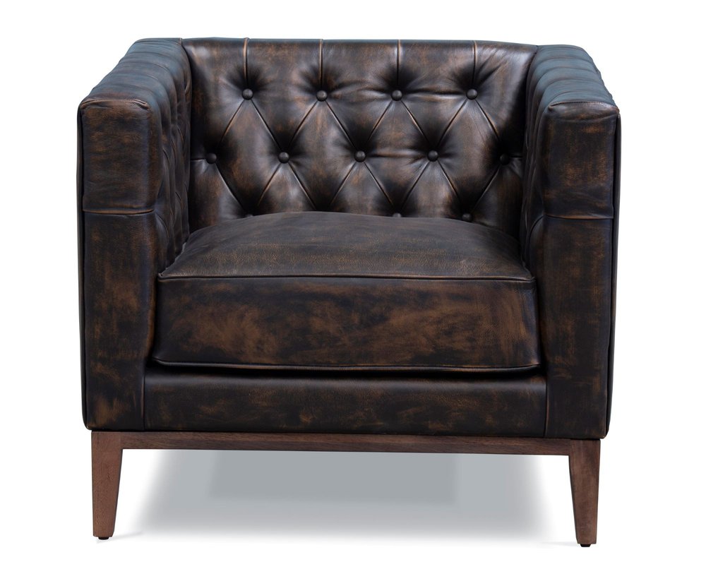 33" Brown and Black Antiqued Top Grain Leather Tufted Club Chair