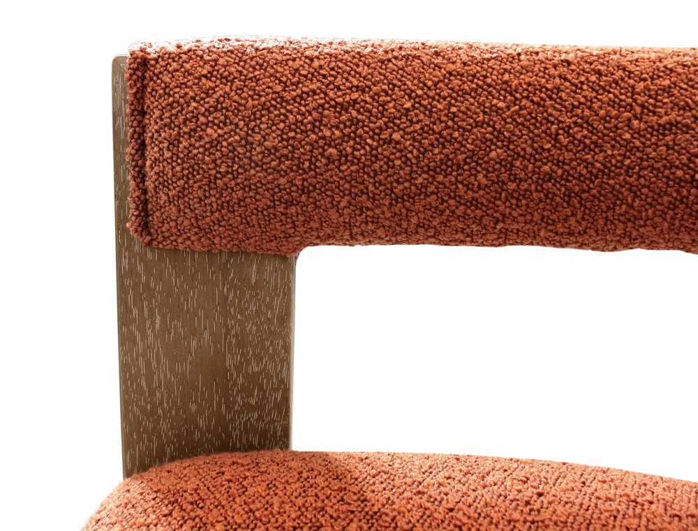 Burnt Orange and Brown Upholstered Boucle Open Back Dining Arm Chair