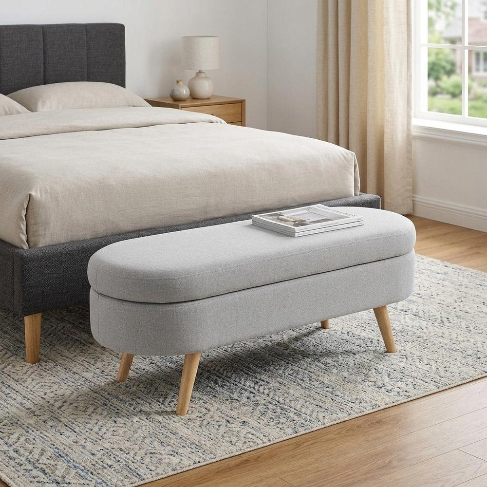 44" Gray and Brown Linen Upholstered Storage Bench with Flip Top