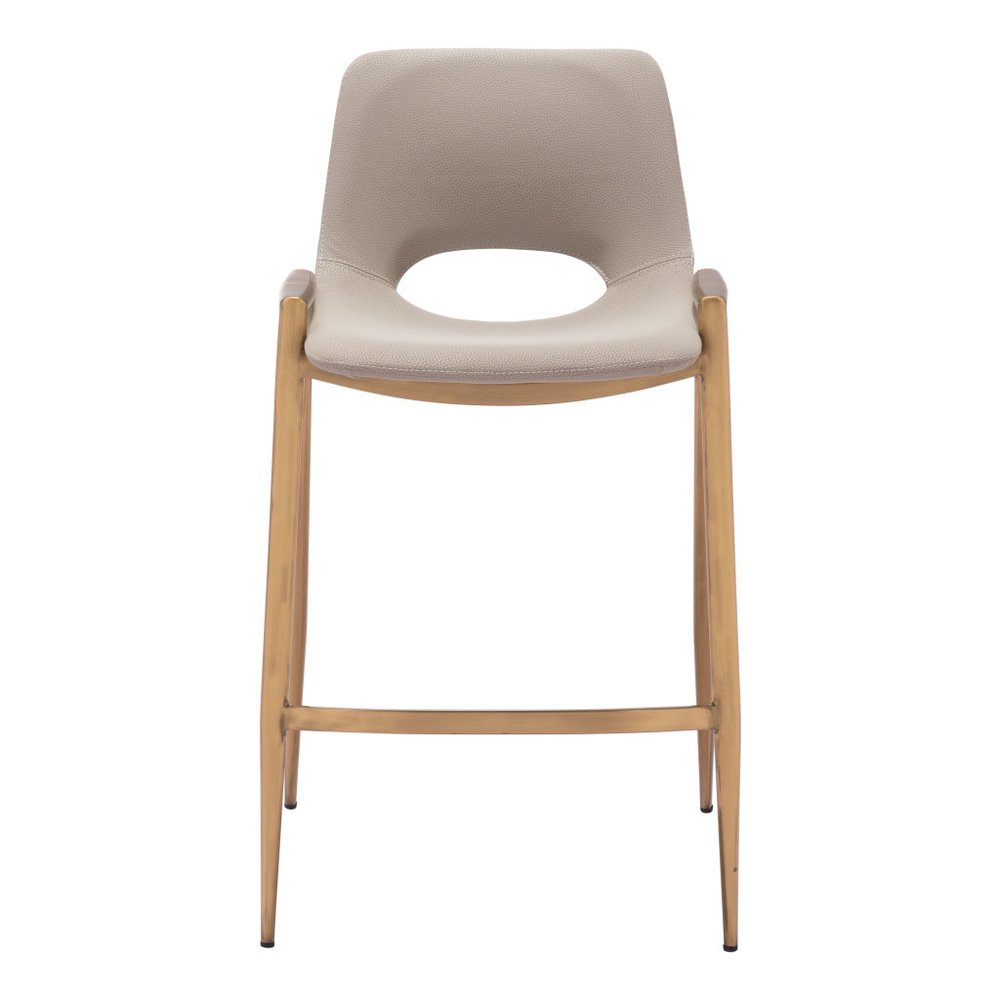 Set of Two 26" Beige And Gold Faux Leather And Steel Low Back Counter Height Bar Chairs