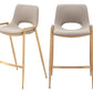 Set of Two 26" Beige And Gold Faux Leather And Steel Low Back Counter Height Bar Chairs