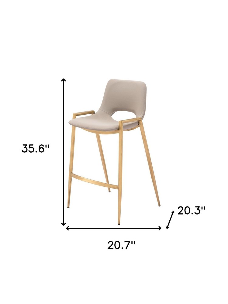 Set of Two 26" Beige And Gold Faux Leather And Steel Low Back Counter Height Bar Chairs