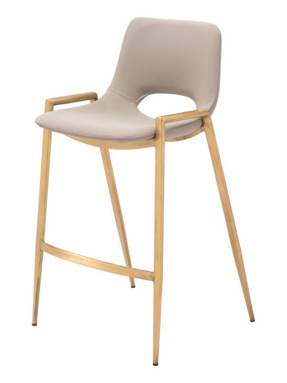 Set of Two 26" Beige And Gold Faux Leather And Steel Low Back Counter Height Bar Chairs