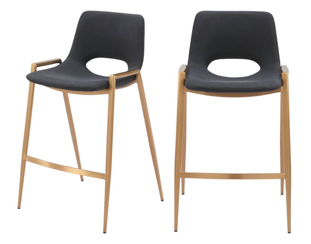 Set of Two 26" Black And Gold Faux Leather And Steel Low Back Counter Height Bar Chairs