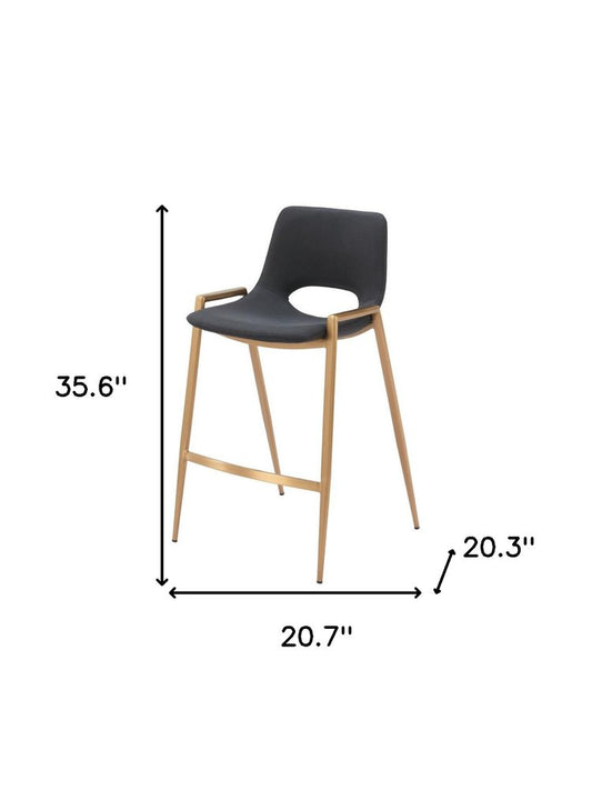 Set of Two 26" Black And Gold Faux Leather And Steel Low Back Counter Height Bar Chairs