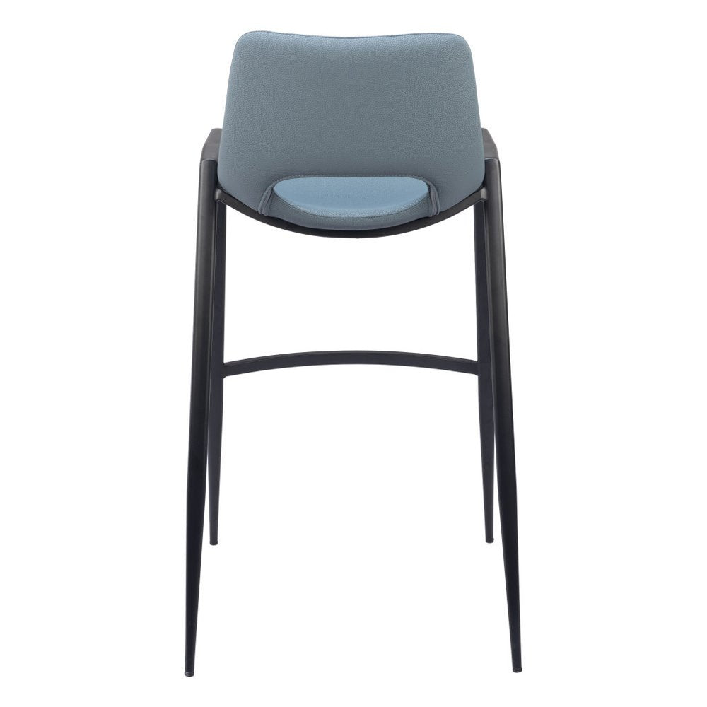 Set of Two 30" Blue And Black Faux Leather And Steel Low Back Bar Height Bar Chairs