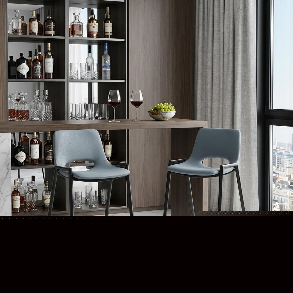 Set of Two 30" Blue And Black Faux Leather And Steel Low Back Bar Height Bar Chairs