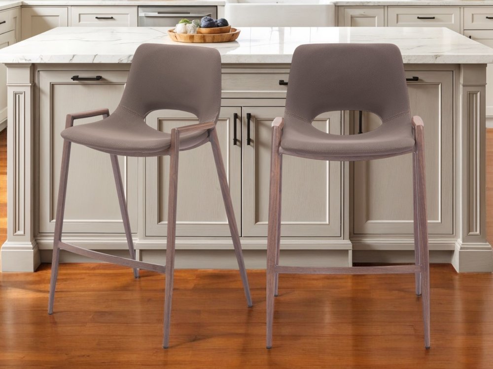 Set of Two 26" Brown Faux Leather And Steel Low Back Counter Height Bar Chairs