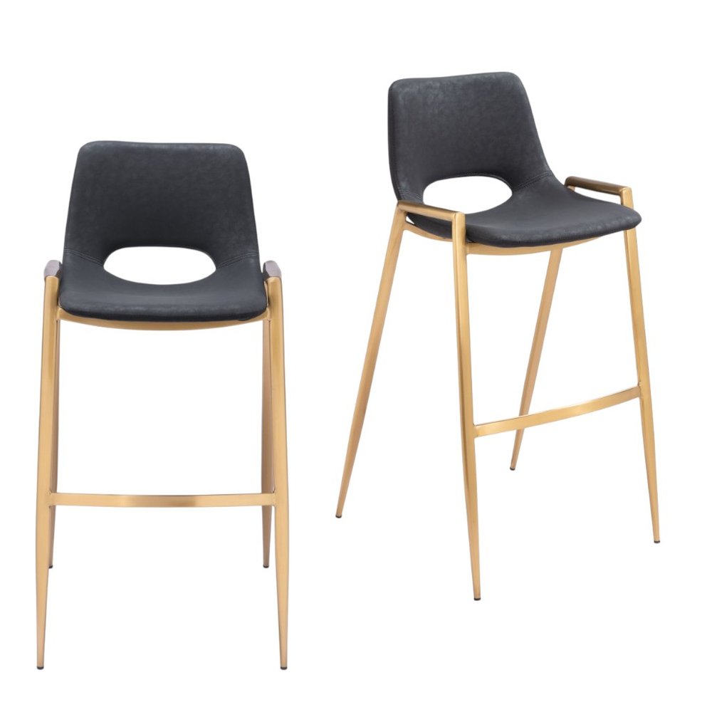 Set of Two 30" Black and Gold Faux Leather and Steel Low Back Bar Height Bar Chairs