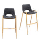 Set of Two 30" Black and Gold Faux Leather and Steel Low Back Bar Height Bar Chairs