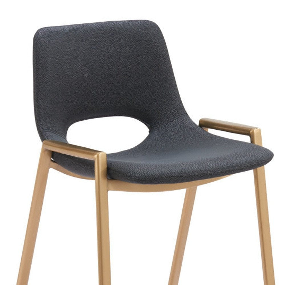 Set of Two 30" Black and Gold Faux Leather and Steel Low Back Bar Height Bar Chairs