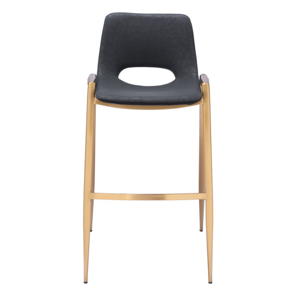 Set of Two 30" Black and Gold Faux Leather and Steel Low Back Bar Height Bar Chairs