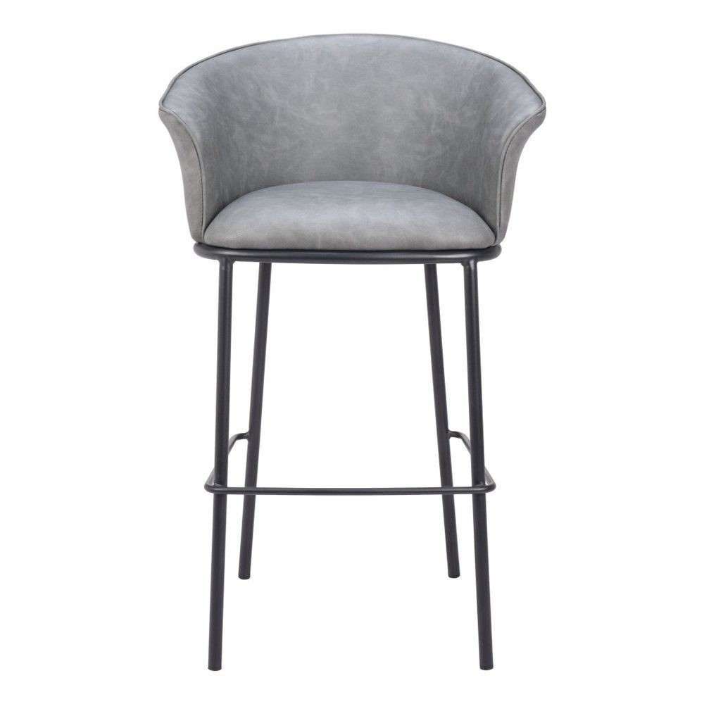 30" Gray And Black Faux Leather And Steel Bar Height Bar Chair