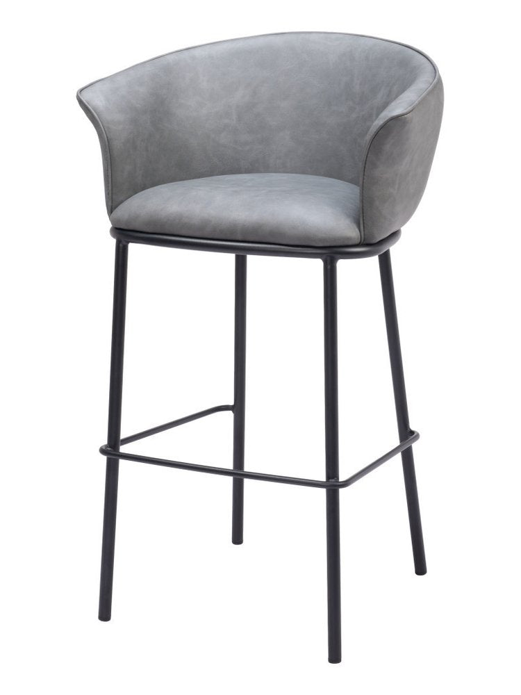 30" Gray And Black Faux Leather And Steel Bar Height Bar Chair