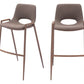 Set of Two 30" Brown Faux Leather And Steel Low Back Bar Height Bar Chairs
