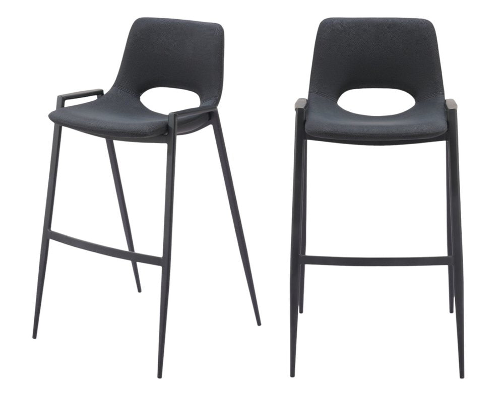 Set of Two 30" Black Faux Leather And Steel Low Back Bar Height Bar Chairs