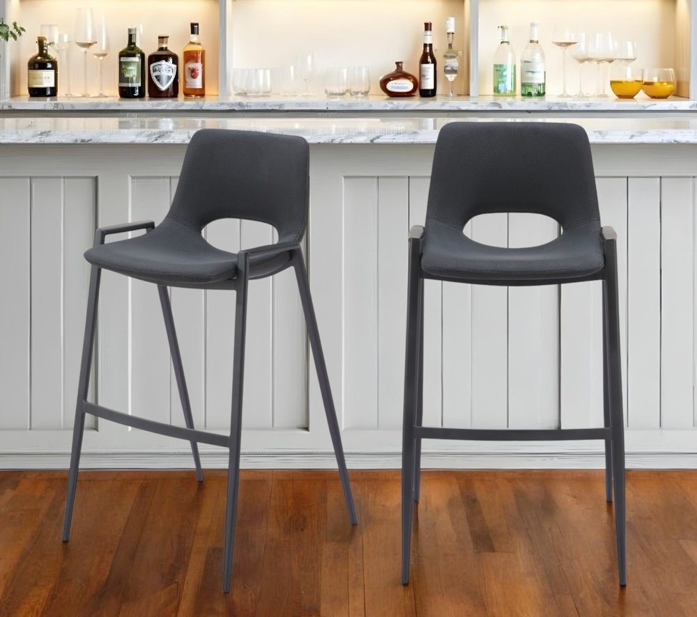 Set of Two 30" Black Faux Leather And Steel Low Back Bar Height Bar Chairs