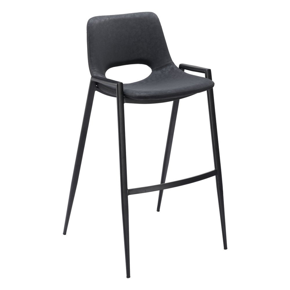 Set of Two 30" Black Faux Leather And Steel Low Back Bar Height Bar Chairs
