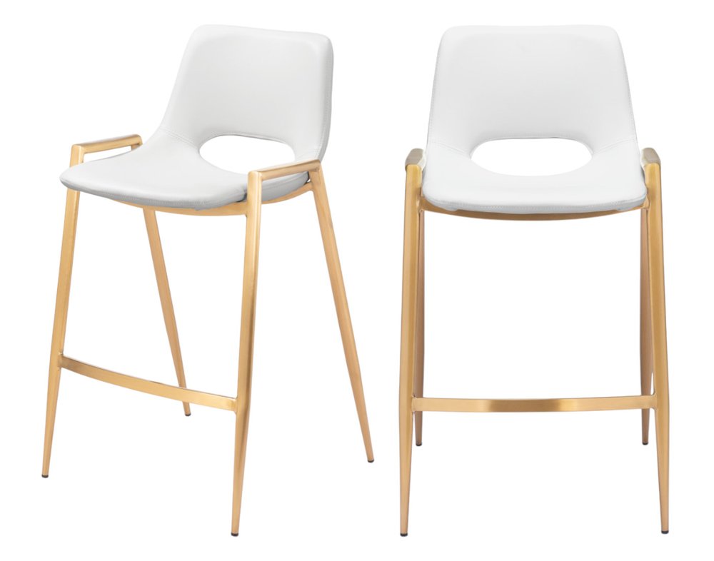 Set of Two 26" White And Gold Faux Leather And Steel Low Back Counter Height Bar Chairs