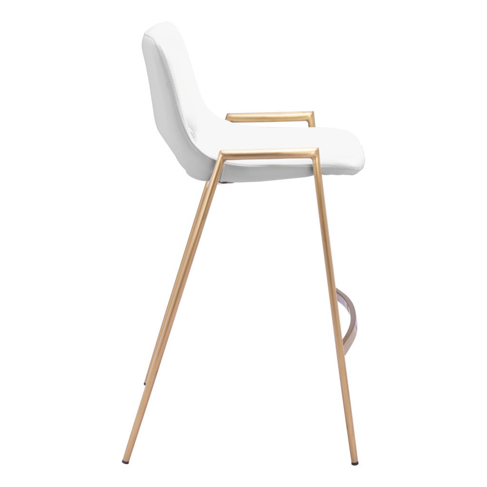 Set of Two 26" White And Gold Faux Leather And Steel Low Back Counter Height Bar Chairs