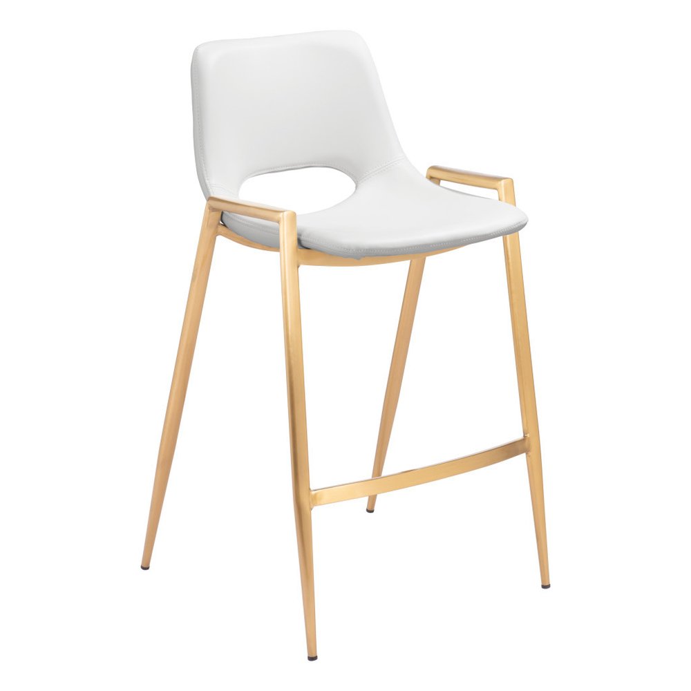 Set of Two 26" White And Gold Faux Leather And Steel Low Back Counter Height Bar Chairs