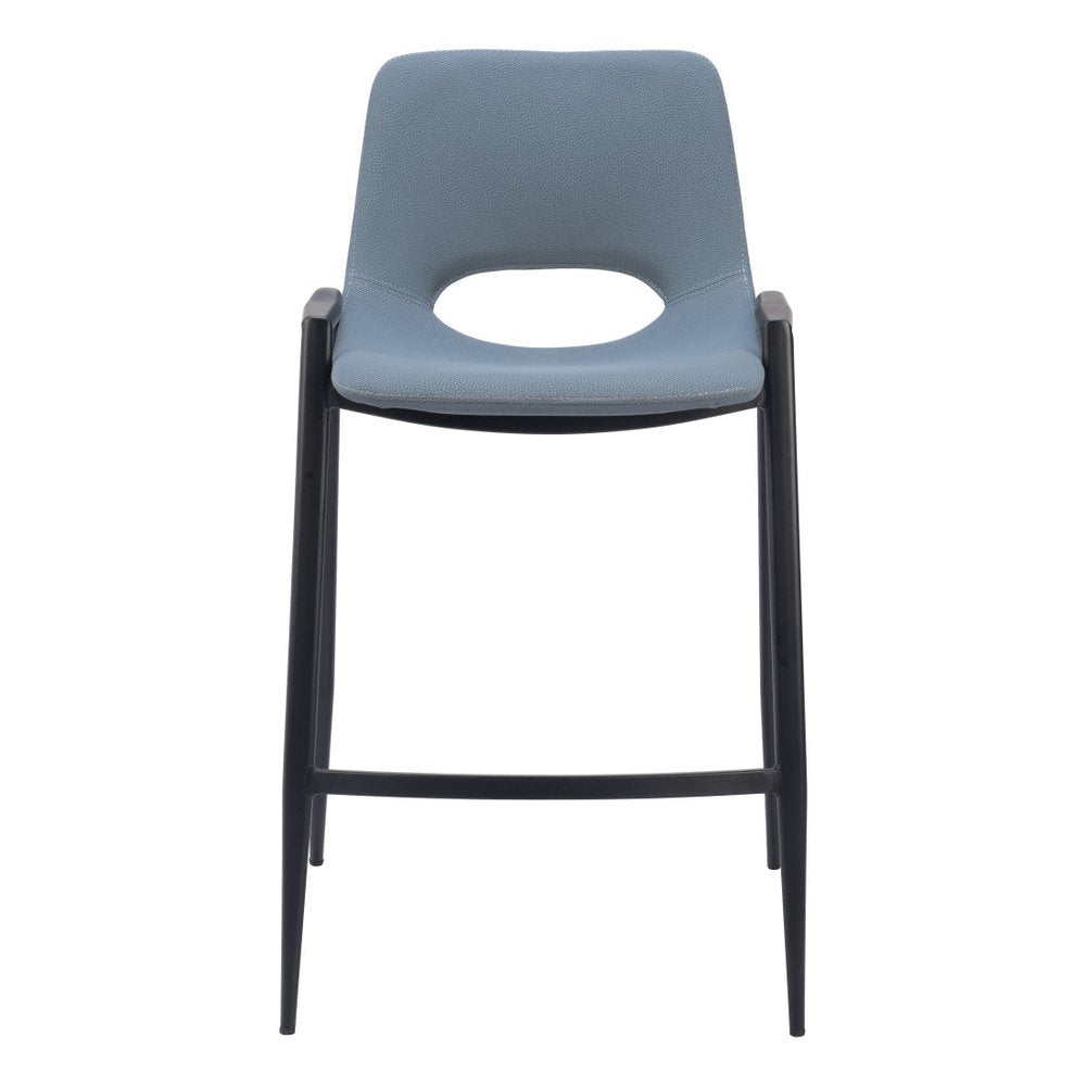 Set of Two 26" Blue And Black Faux Leather And Steel Low Back Counter Height Bar Chairs