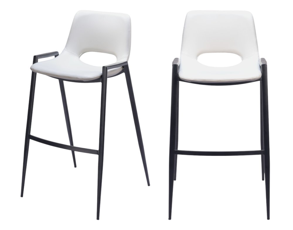 Set of Two 30" White and Black Faux Leather and Steel Low Back Bar Height Bar Chairs