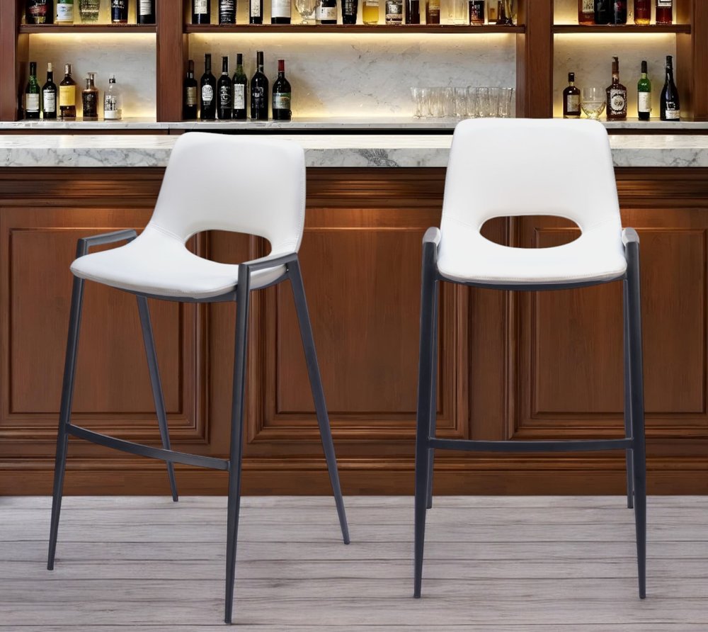 Set of Two 30" White and Black Faux Leather and Steel Low Back Bar Height Bar Chairs