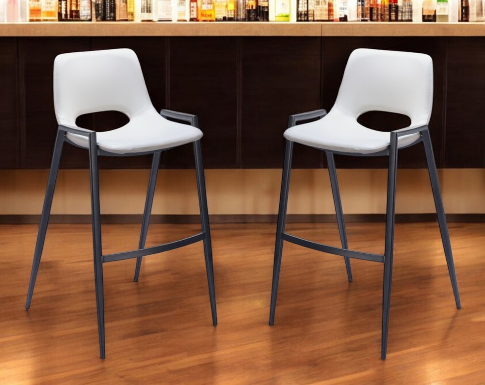 Set of Two 30" White and Black Faux Leather and Steel Low Back Bar Height Bar Chairs