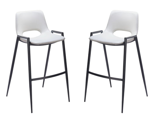 Set of Two 30" White and Black Faux Leather and Steel Low Back Bar Height Bar Chairs