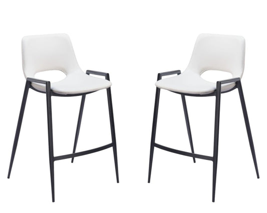 Set of Two 26" White and Black Faux Leather and Steel Low Back Counter Height Bar Chairs