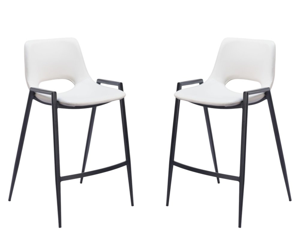 Set of Two 26" White and Black Faux Leather and Steel Low Back Counter Height Bar Chairs