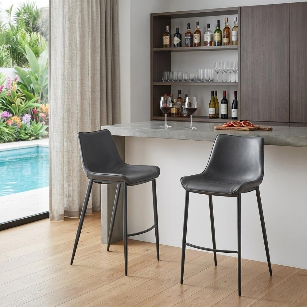 Set of Two 30" Dark Gray And Black Faux Leather And Steel Bar Height Bar Chairs
