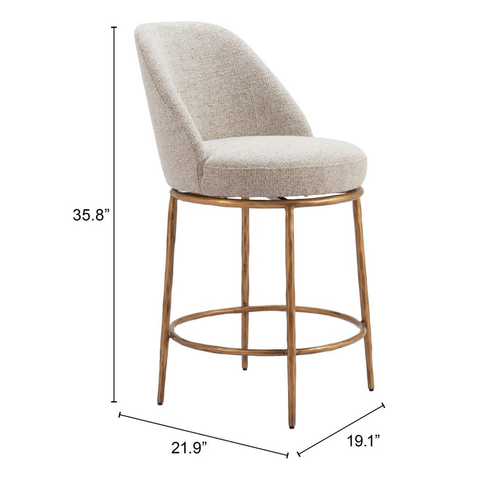 24" Beige and Gold Fabric and Steel Counter Height Swivel Bar Chair