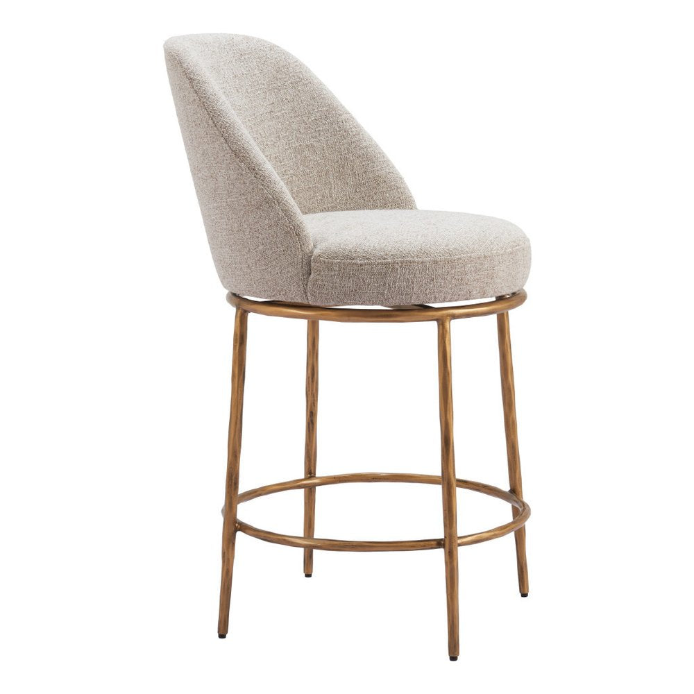 24" Beige and Gold Fabric and Steel Counter Height Swivel Bar Chair