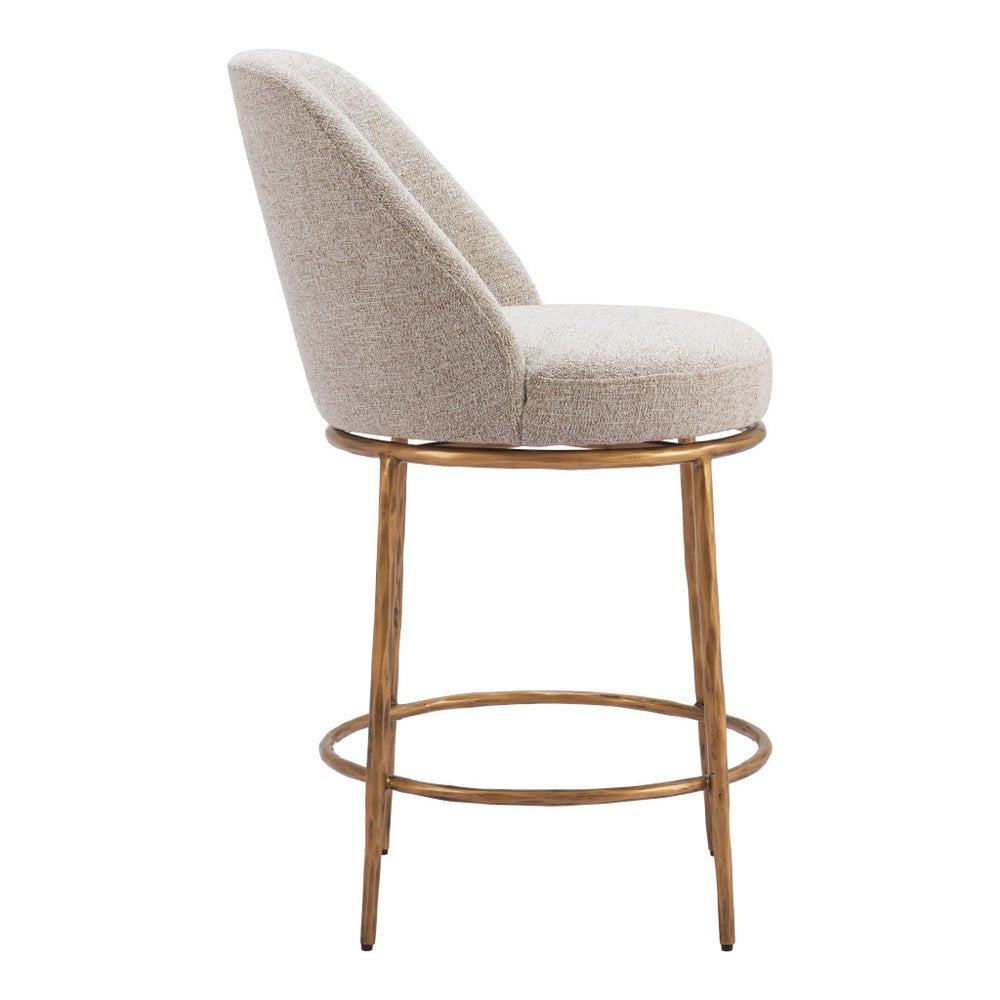 24" Beige and Gold Fabric and Steel Counter Height Swivel Bar Chair