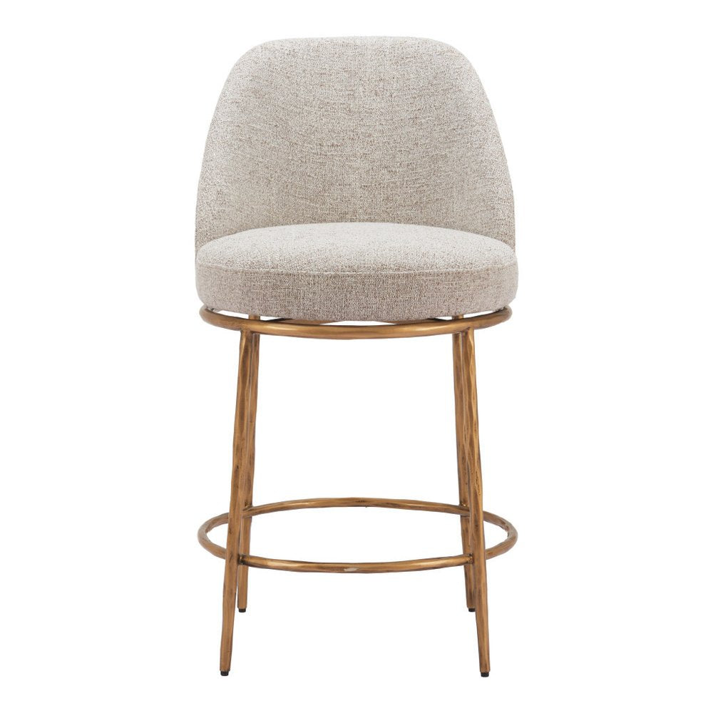 24" Beige and Gold Fabric and Steel Counter Height Swivel Bar Chair