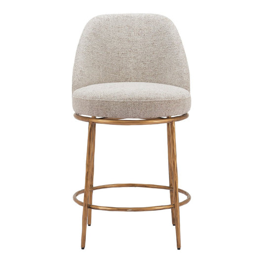 24" Beige and Gold Fabric and Steel Counter Height Swivel Bar Chair
