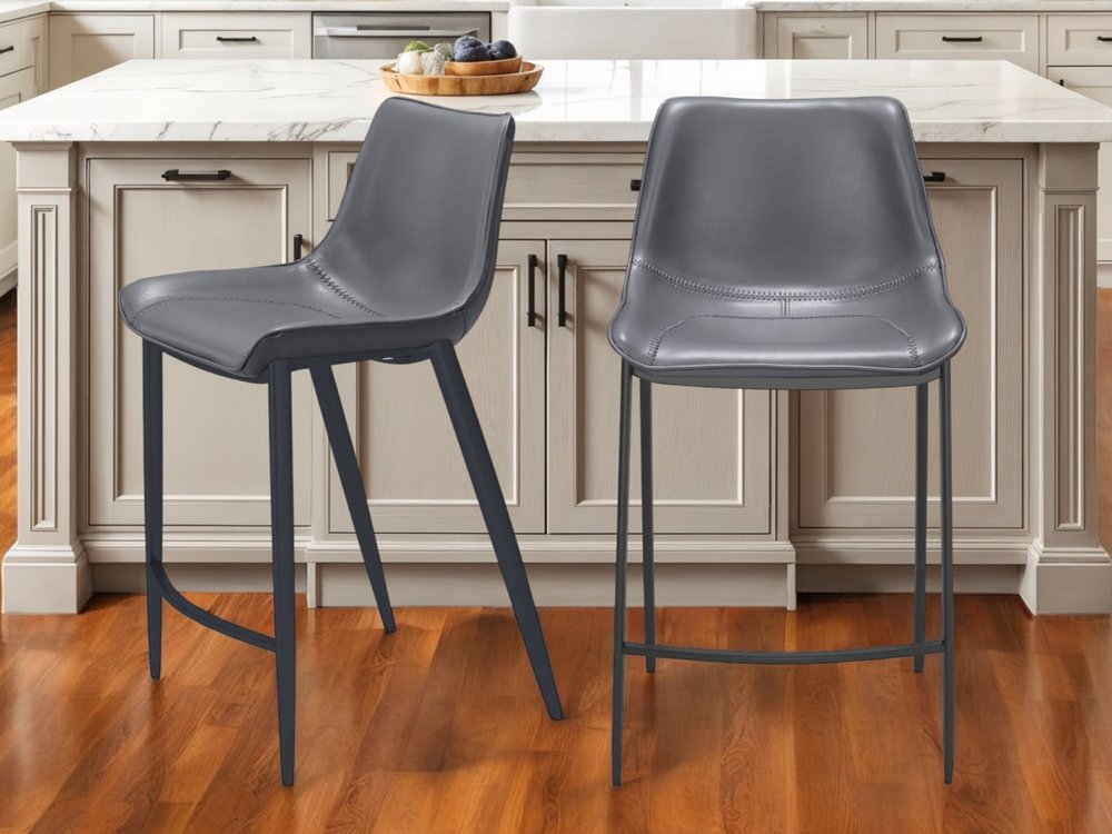 Set of Two 26" Dark Gray And Black Faux Leather And Steel Counter Height Bar Chairs