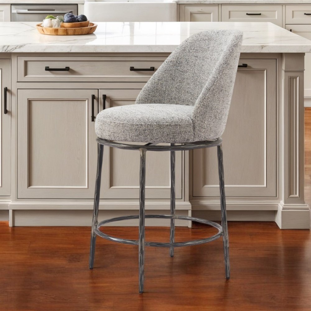 24" Gray and Black Fabric and Steel Counter Height Swivel Bar Chair