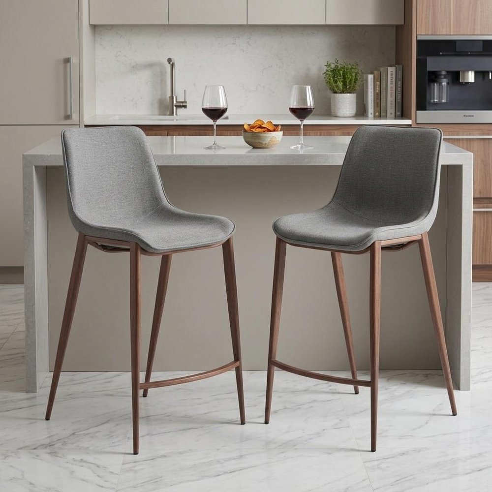 Set of Two 26" Slate Gray and Brown Faux Leather and Steel Counter Height Bar Chairs