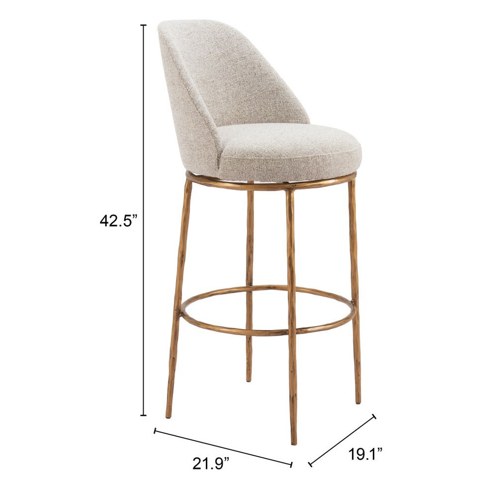 32" Beige And Gold Fabric And Steel Bar Height Swivel Bar Chair