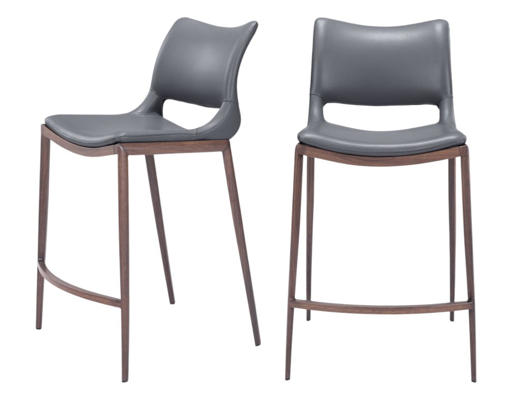 Set of Two 25" Dark Gray and Brown Faux Leather and Steel Low Back Counter Height Bar Chairs