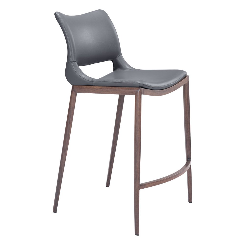 Set of Two 25" Dark Gray and Brown Faux Leather and Steel Low Back Counter Height Bar Chairs