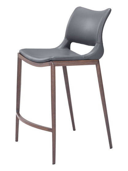 Set of Two 25" Dark Gray and Brown Faux Leather and Steel Low Back Counter Height Bar Chairs