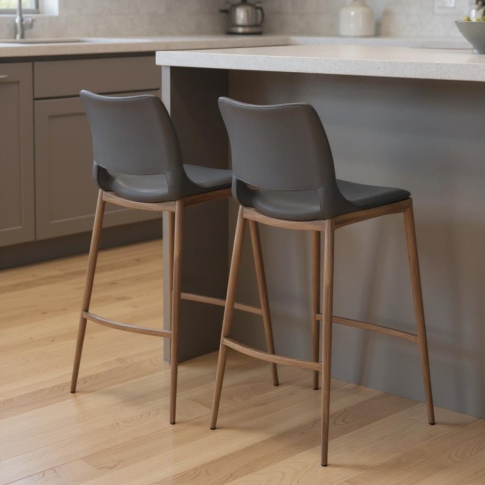 Set of Two 29" Dark Gray and Walnut Faux Leather and Steel Low Back Counter Height Bar Chairs