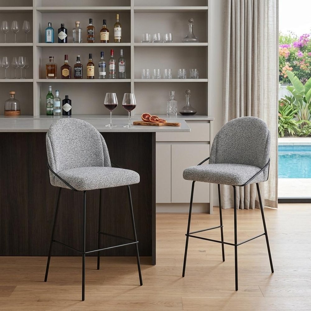 Set of Two 30" Light Gray And Black Shearling And Steel Bar Height Bar Chairs