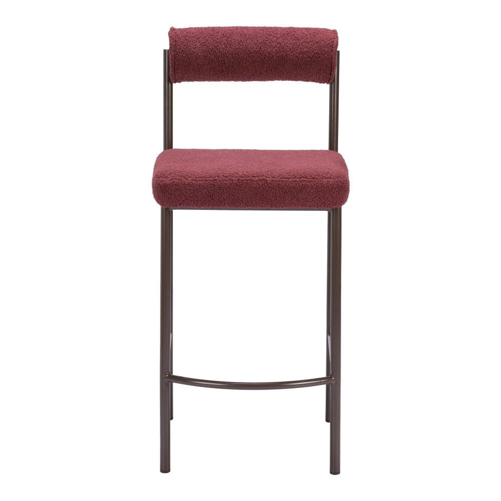 Set of Two 26" Red and Bronze Shearling and Steel Low Back Counter Height Bar Chairs