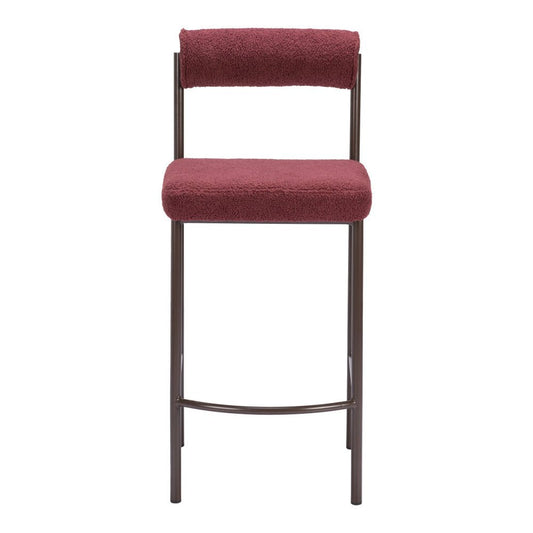 Set of Two 26" Red and Bronze Shearling and Steel Low Back Counter Height Bar Chairs